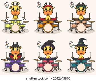 Vector illustration of cute Giraffe with halloween costume playing Drum. Good for label, sticker, clipart.
