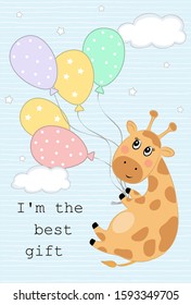 Vector illustration of a cute giraffe hanging on balls. Children's print on clothes, greeting card, party invitation.