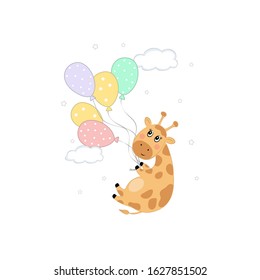 Vector illustration of a cute giraffe hanging on balls. Children's print on clothes, greeting card, party invitation.
