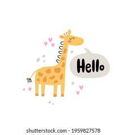 Vector illustration of cute giraffe and hello hand lettering text. Funny art for kids.