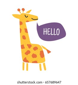 vector illustration of a cute giraffe with hello text in a bubble, isolated background