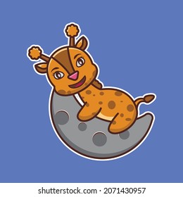 ilustración vectorial de la tierna jirafa abraza la luna