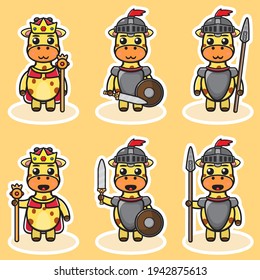 Vector illustration of cute Giraffe King and Knight cartoon. Cute Giraffe expression character design bundle. Good for icon, logo, label, sticker, clipart.