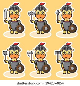 Vector illustration of cute Giraffe Knight cartoon. Cute Giraffe expression character design bundle. Good for icon, logo, label, sticker, clipart.