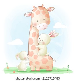 Vector illustration of cute giraffe and little bunnies