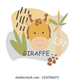 Vector illustration of a cute giraffe on an abstract background with tropical plants. Illustration for printing on children's textiles and accessories.