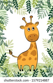 vector illustration of cute giraffe with palm leaves, children's print on clothes