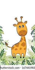 Vector illustration of cute giraffe with palm leaves, children's print on clothes