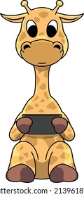 vector illustration of a cute giraffe playing a tablet