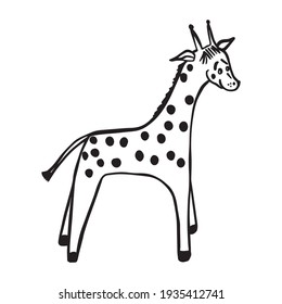 Vector illustration of a cute giraffe, positive. Doodle technique. Cartoon giraffe with dark spots, tassel tail and smile on his face. Stock illustration