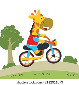 Vector illustration of cute giraffe ride a motorcycle, Can be used for t-shirt print, kids wear fashion design, invitation card. fabric, textile, nursery wallpaper, poster and other decoration.