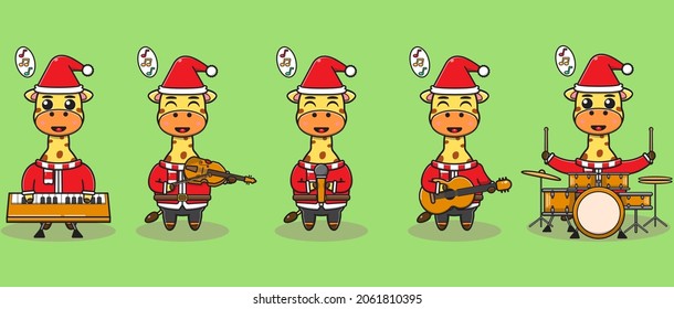 Vector illustration of Cute Giraffe Santa Claus play a musical instrument. Good for icon, label, sticker, clipart.