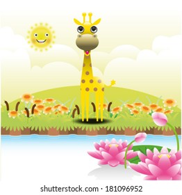 Vector illustration of cute giraffe standing in grassland near pond 