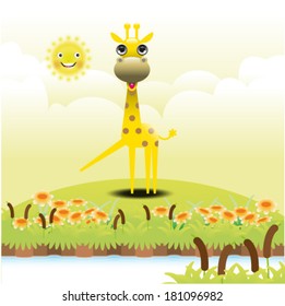 Vector illustration of cute giraffe standing in grassland near pond 