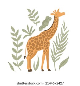 vector illustration of a cute giraffe surrounded with tropical leaves, white background