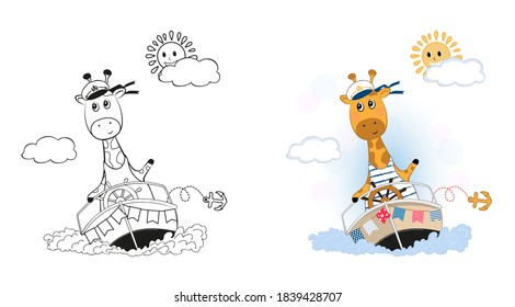 Vector illustration cute giraffe swims in a boat.Children's coloring book.