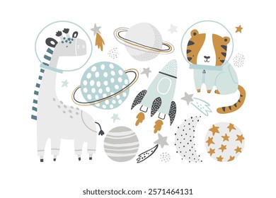 Vector illustration of cute giraffe and tiger astronauts, planets, rocket and stars. Space set for kids. Cartoon characters animals astronauts. Saturn, Moon. Cosmos elements. Space adventure. Baby.