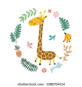 Vector illustration of cute giraffe and tropical leaves. Childish background with smiling cartoon character