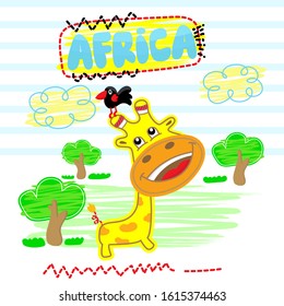 Vector illustration of cute giraffe and tropical leaves. Childish background with smiling cartoon character