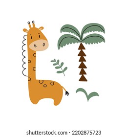 Vector illustration with cute giraffe and tropical plants on white background for your design