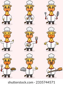 Ilustración vectorial de Cute Giraffe con uniforme de chef. Estilo de caricatura plana. Juego de caracteres animales en uniforme de chef. Ilustración del vector en el fondo aislado