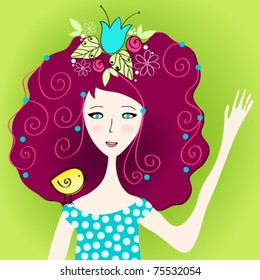 Vector illustration of cute girl with bird and flowers in her hair