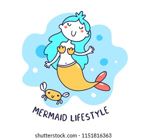 Vector illustration of a cute girl with blue color hair and fish tail on white background. Hand drawn flat line art style of little mermaid with crab for web, site, party card, invitation