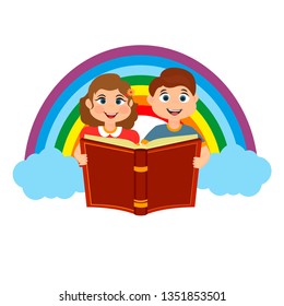 Vector illustration of cute girl and a boy holding an open book.  Logo design template for presentation, logo, education class.