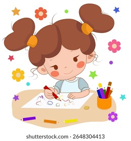 Vector illustration of a cute girl with brown pigtails, drawing with crayons at a table surrounded by flowers and stars. Ideal for children, education, or creative stock imagery.