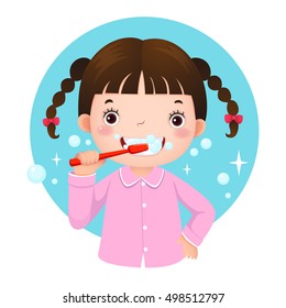 Vector illustration of cute girl brushing her teeth