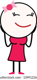 Vector Illustration of a cute girl cartoon in pink dress smiling and feeling happy with closed eyes. Suitable for Love or happiness.