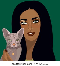 Vector illustration of a cute girl with cat of breed the Sphinx. Isolated on green background