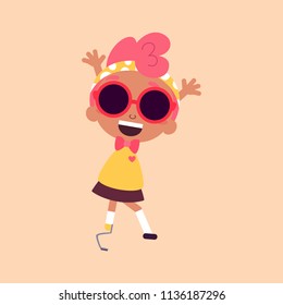 Vector illustration of a cute girl, character design. Dark skin beauty with pink hair. Cartoon art.  Alternatively able.  Children with special needs.  Prosthetic appliance
