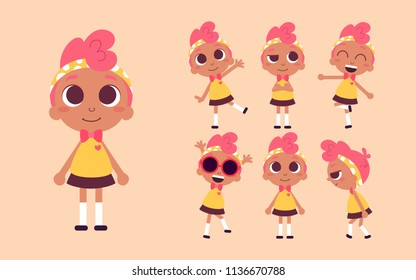Vector illustration of a cute girl, character design set. Dark skin beauty with pink hair. Cartoon art.  