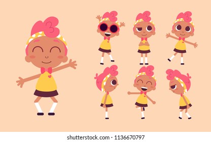 Vector illustration of a cute girl, character design set. Dark skin beauty with pink hair. Cartoon art.  