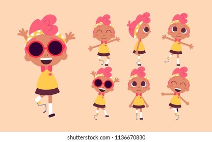 Vector illustration of a cute girl, character design set. Dark skin beauty with pink hair. Cartoon art.  Alternatively able.  Children with special needs.  Prosthetic appliance