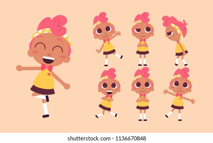 Vector illustration of a cute girl, character design set. Dark skin beauty with pink hair. Cartoon art.  