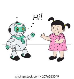 vector illustration cute girl and cheerful robot greet