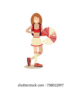 Vector illustration of cute girl cheerleader holding red pompom. School people concept flat style design element, icon isolated on white background.