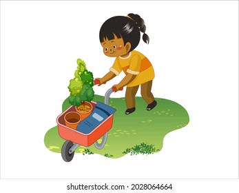 vector illustration with cute girl in a children's style. Cute girl is pushing a wheel barrow  preparing the plants for planting.
