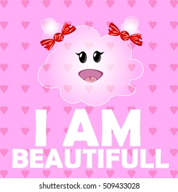 Vector illustration of a cute girl cloud.Funny cartoon character children on a pink background with hearts. Bows in the form of candy.