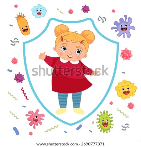Vector illustration of a cute girl. Concept of children's immunity. Protection from bacteria and viruses.
