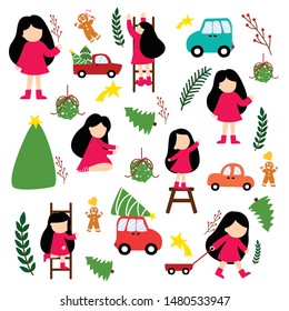 vector illustration of cute girl and decorations tree, car, star, ginger bread On Christmas , Happy New Year