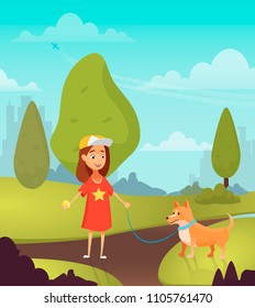 Vector illustration of cute girl with dog walking in park.