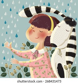 Vector illustration of a cute girl and a dog with long ears in a rainy day. Light blue background with leaves for thank you card and birthday card.