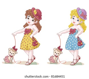 Vector illustration, cute girl with dog, cartoon concept, white background.