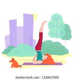 vector illustration of cute girl doing yoga in city Park, young woman doing exercise, flat design