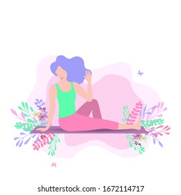 Vector illustration of cute girl doing yoga at home, young woman doing exercise, flat design