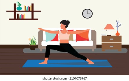 vector illustration of cute girl doing yoga at home, young woman doing exercise, flat design
