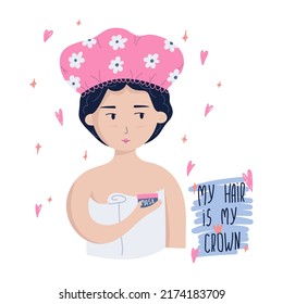 Vector illustration of a cute girl doing a hair mask and "My hair is my crown" lettering.Concept hair care routine.